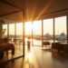Premium marina clubhouse lounge overlooking yachts at golden hour