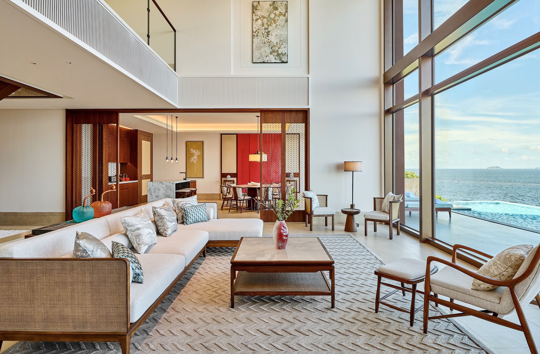 Two-bedroom villa living room with a sea view at Ahn Luh Dong’ao Island Zhuhai