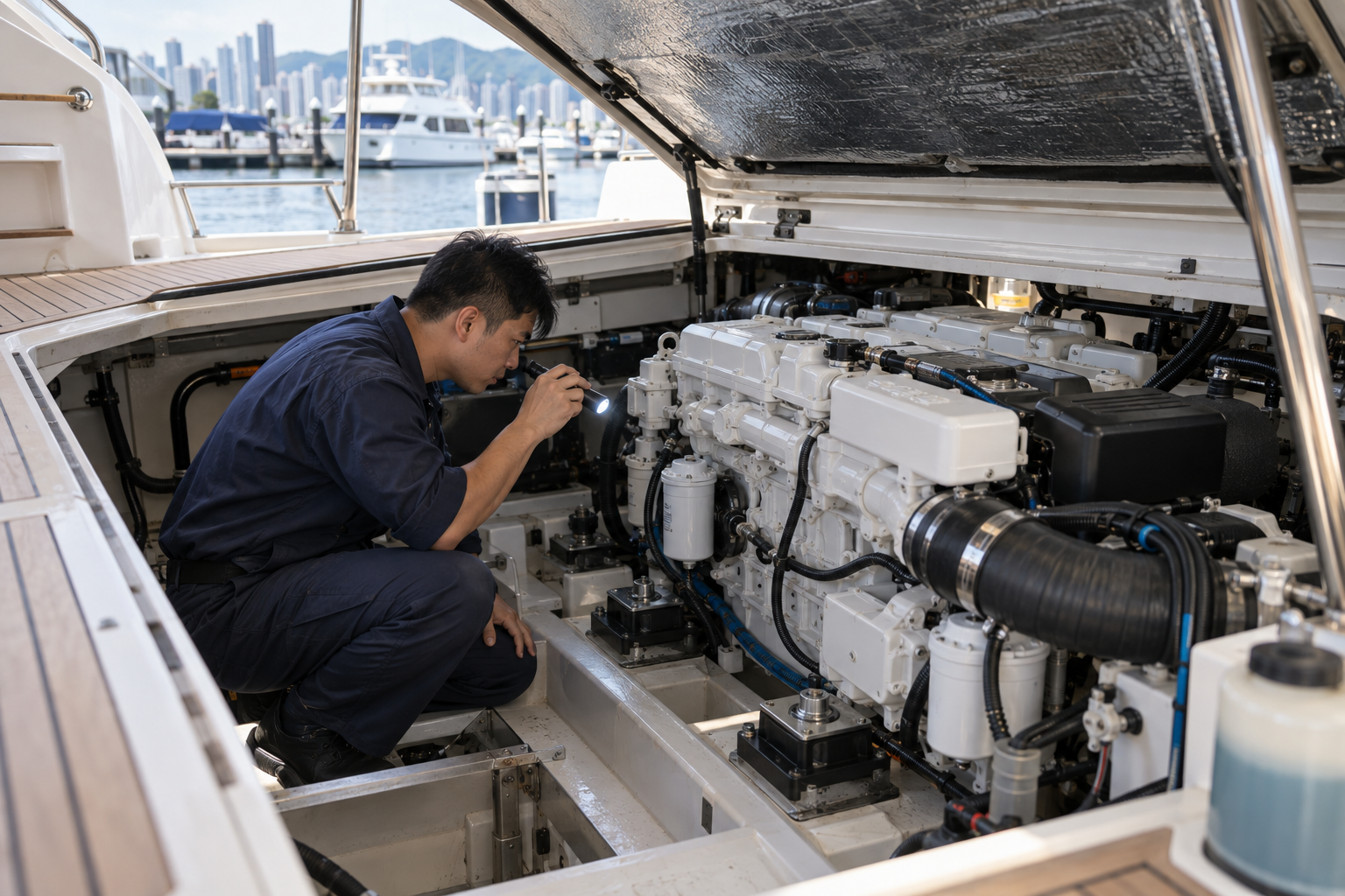 AI illustration of a technician using a torch to inspect a switched-off yacht engine in its compartment