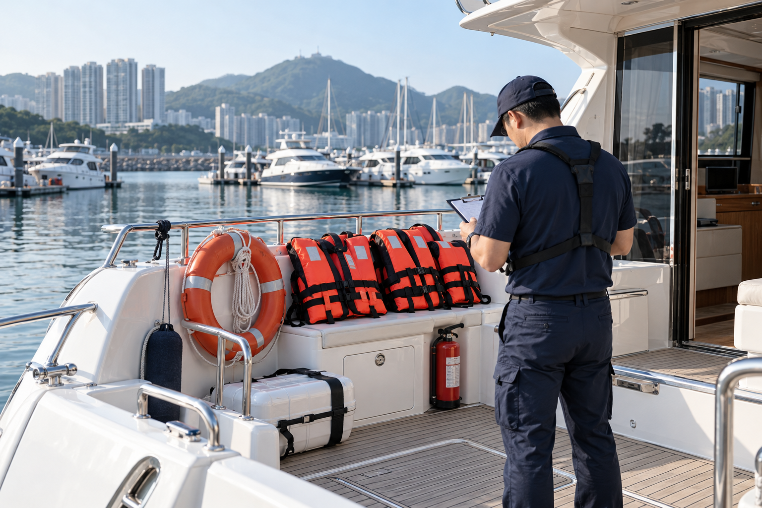 AI illustration of a worker checking lifejackets and safety equipment on a yacht at a Hong Kong marina