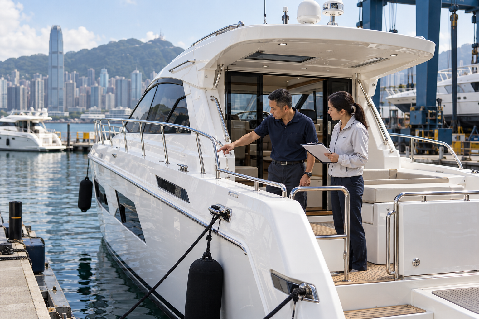 AI illustration of workers checking deck equipment before a new yacht delivery at a Hong Kong marina