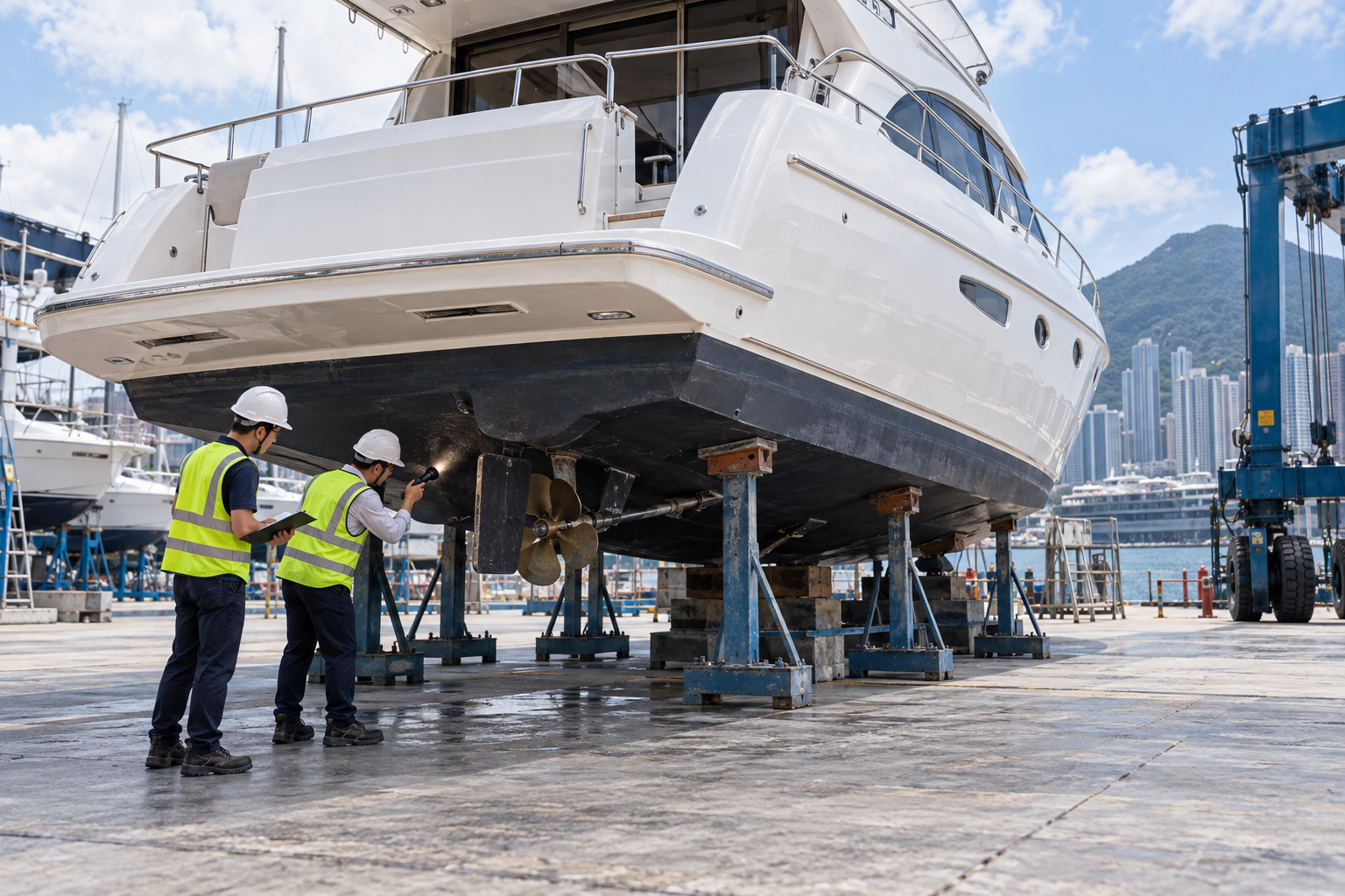 AI-generated illustration of marine surveyors inspecting the hull and propeller of a motor yacht safely supported at a Hong Kong boatyard
