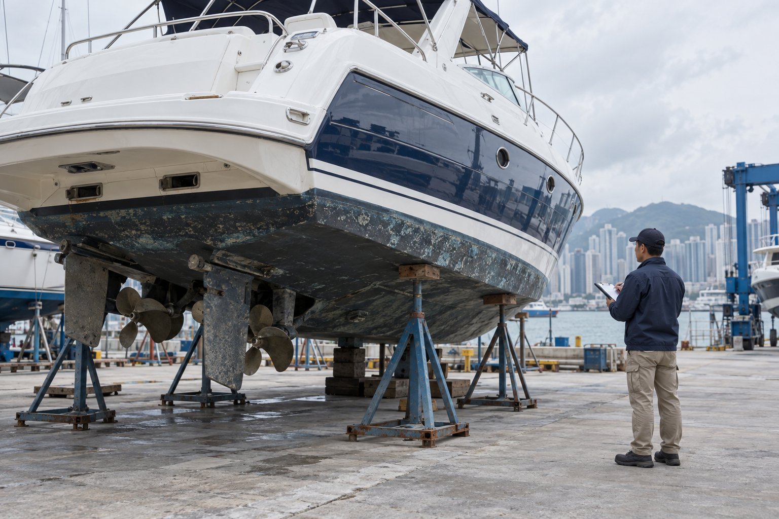 AI illustration of a worker inspecting a hauled-out yacht hull from a safe distance at a Hong Kong boatyard