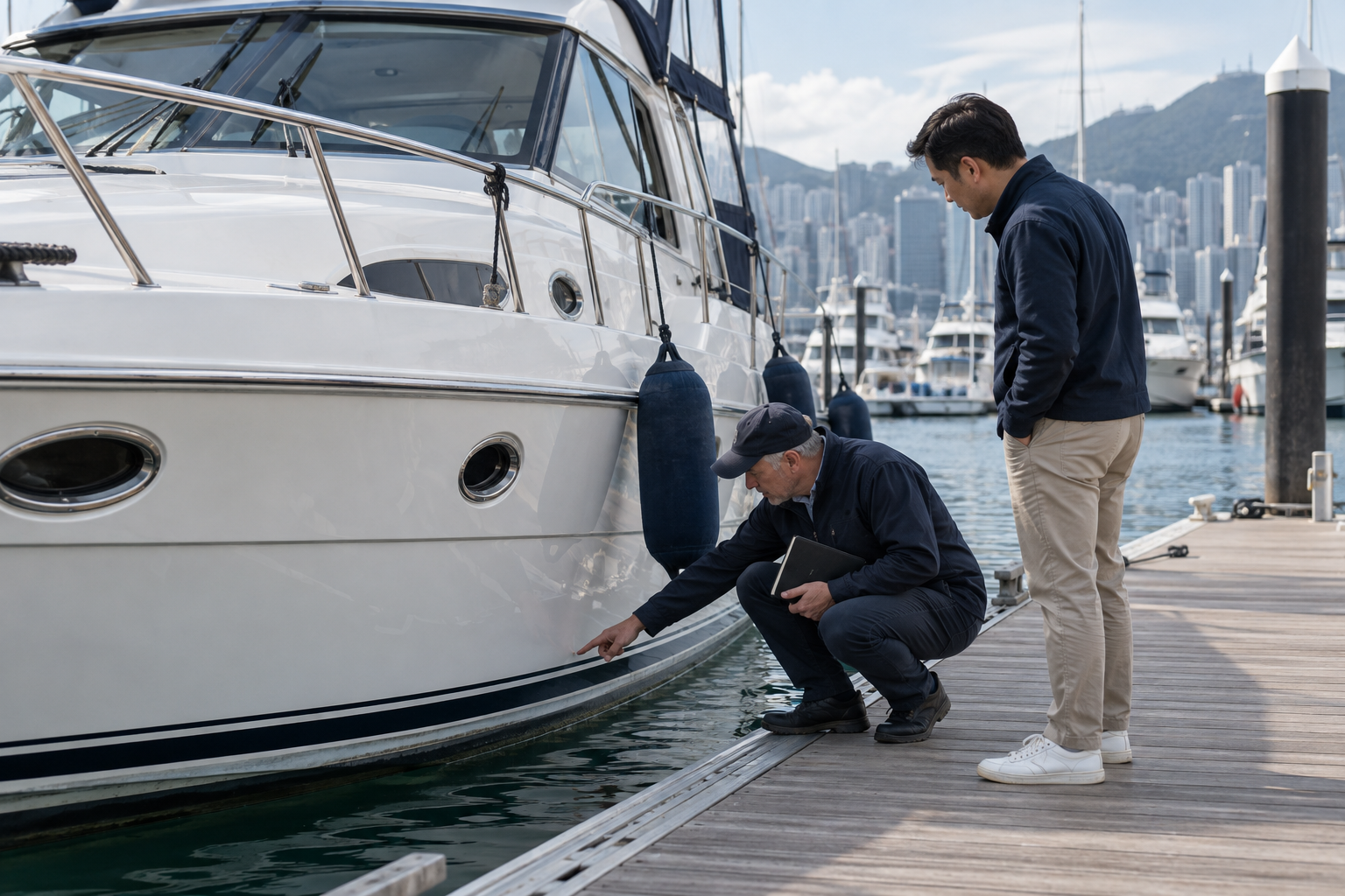 AI illustration of a surveyor and prospective buyer examining a yacht hull from a Hong Kong pontoon
